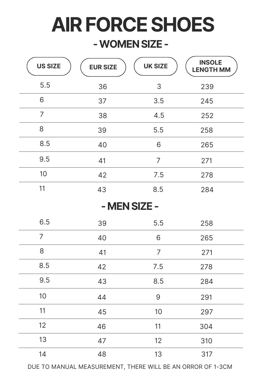 Air Force Shoes Size Chart - Studio Ghibli UK Store